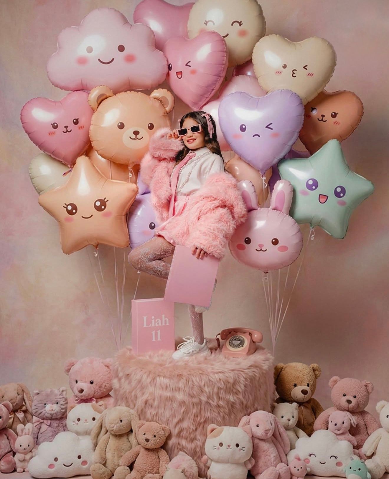 Girl surrounded by cute kawaii character balloons and plush toys in a pink pastel birthday party setup.