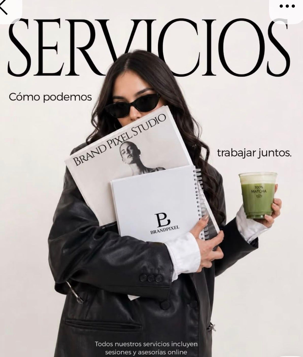 Woman holding Brand Pixel Studio portfolio books and green drink, wearing leather jacket and sunglasses, services page design.