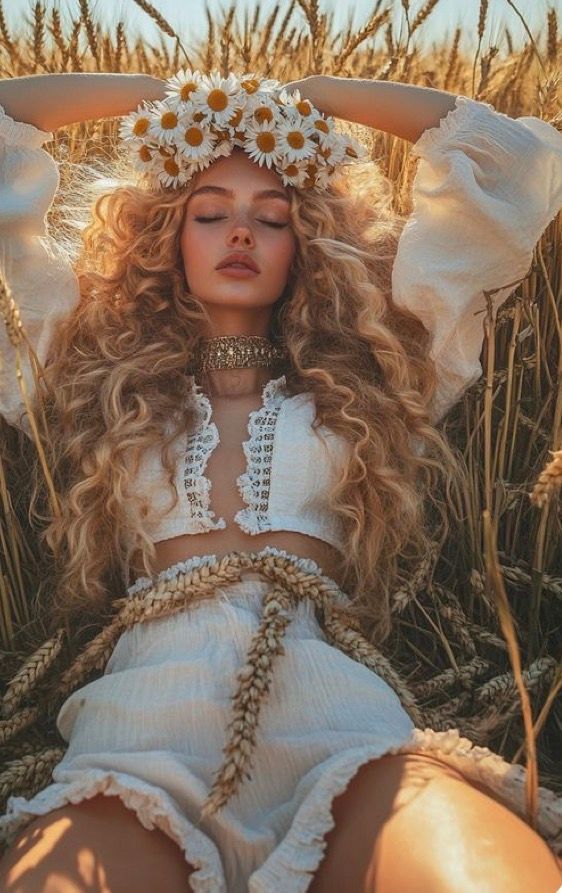 Woman with curly blonde hair and daisy crown sits in golden wheat field wearing white boho outfit in warm sunlight.