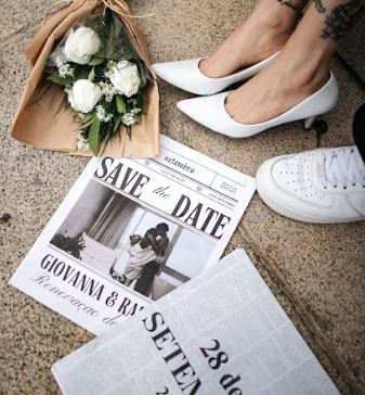 Wedding save the date cards and white floral bouquet displayed on textured concrete surface with elegant details.