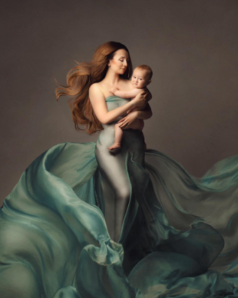 A flowing teal dress creates dramatic movement against a dark backdrop in an artistic dance-inspired photo sequence.
