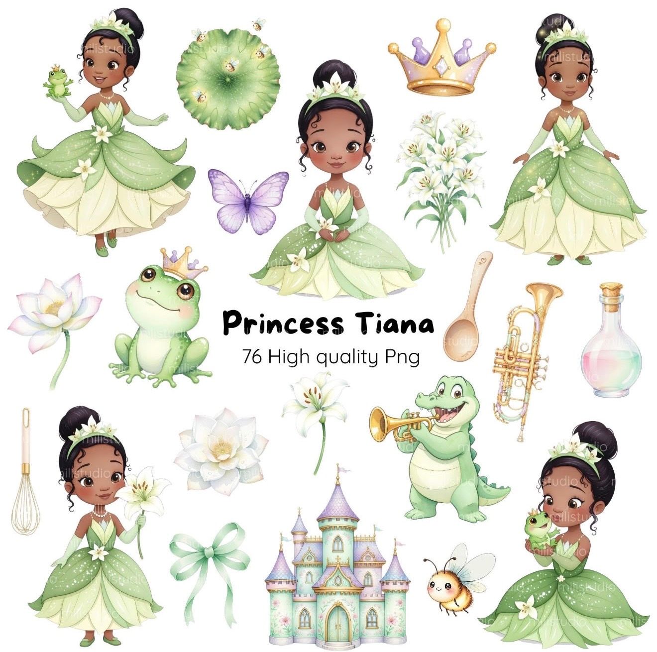 Watercolor Princess Tiana clipart set with 76 PNG elements including frogs, crowns, castles, and floral designs in green tones.