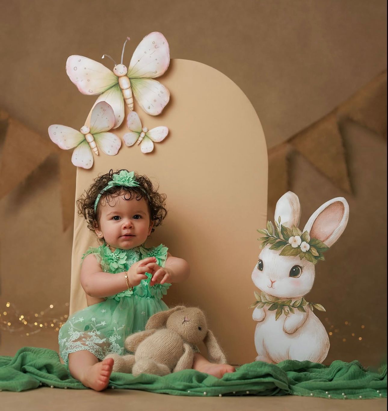 A series of Easter-themed photos with bunny ears and plush rabbit toys arranged on a neutral backdrop.