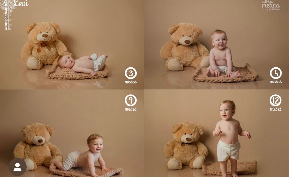 A progression of milestone photos showing a baby growing from newborn to standing beside a large teddy bear.