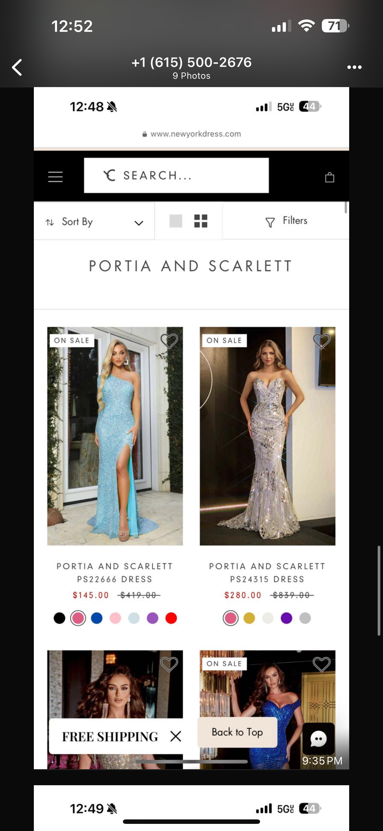 Screenshot of New York Dress website showing Portia and Scarlett formal gowns on sale, including blue lace and silver mermaid dresses.