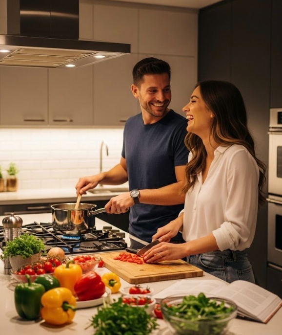 Two people laugh while cooking together in a modern kitchen with fresh vegetables and ingredients on the counter.