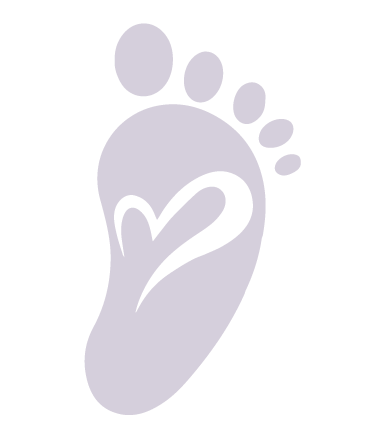 Soft lavender baby footprint logo with a heart design, symbolizing love and new beginnings.