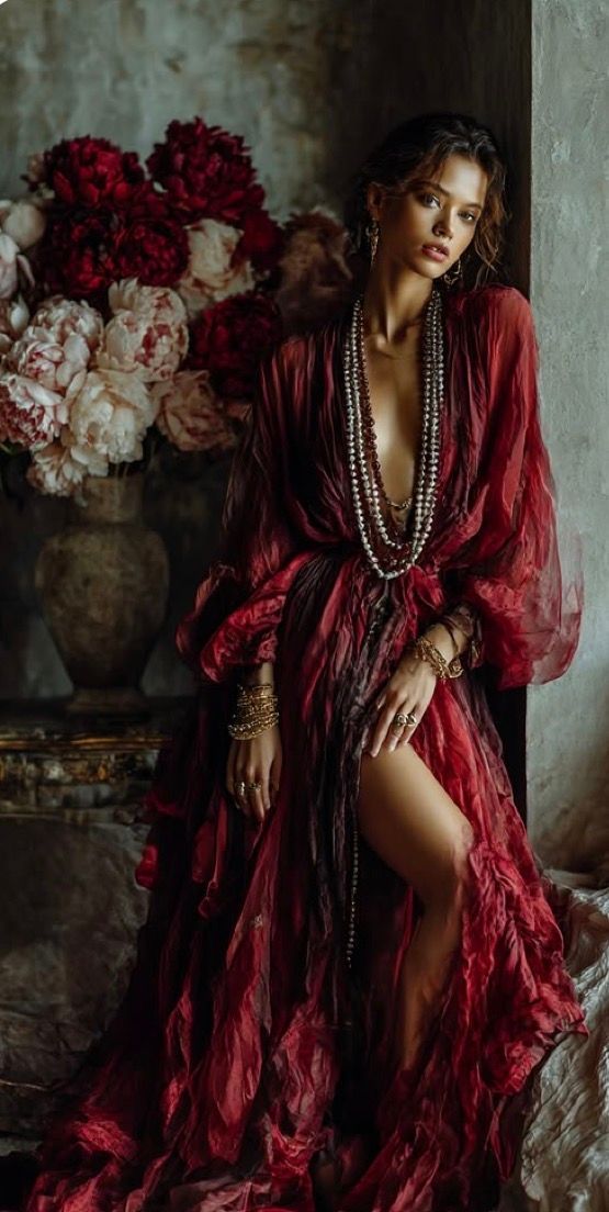 Woman in flowing red gown with pearl necklaces and gold bracelets poses near floral arrangement.