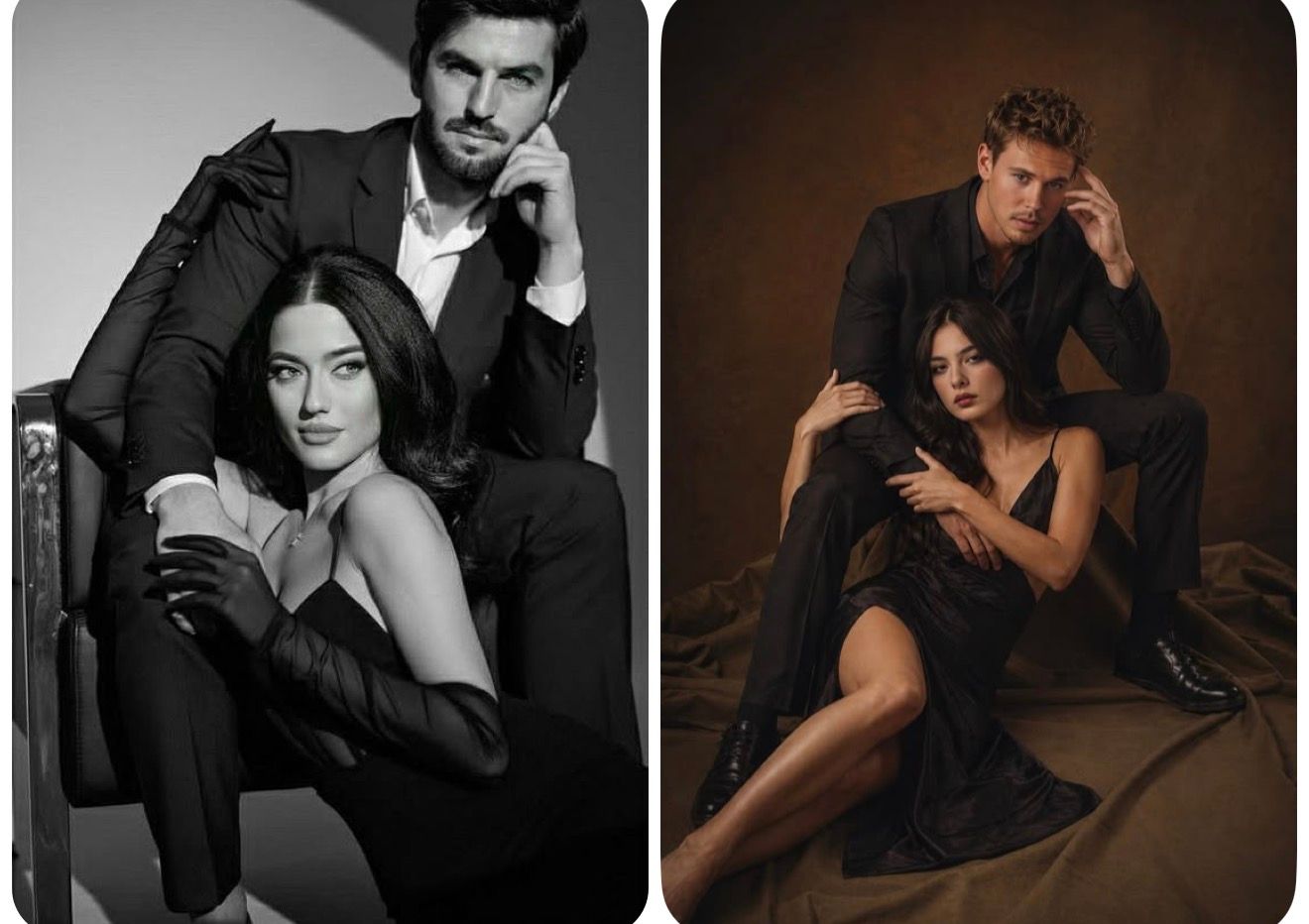 Sophisticated couple posing in black formal wear for a dramatic fashion editorial shoot in black and white.