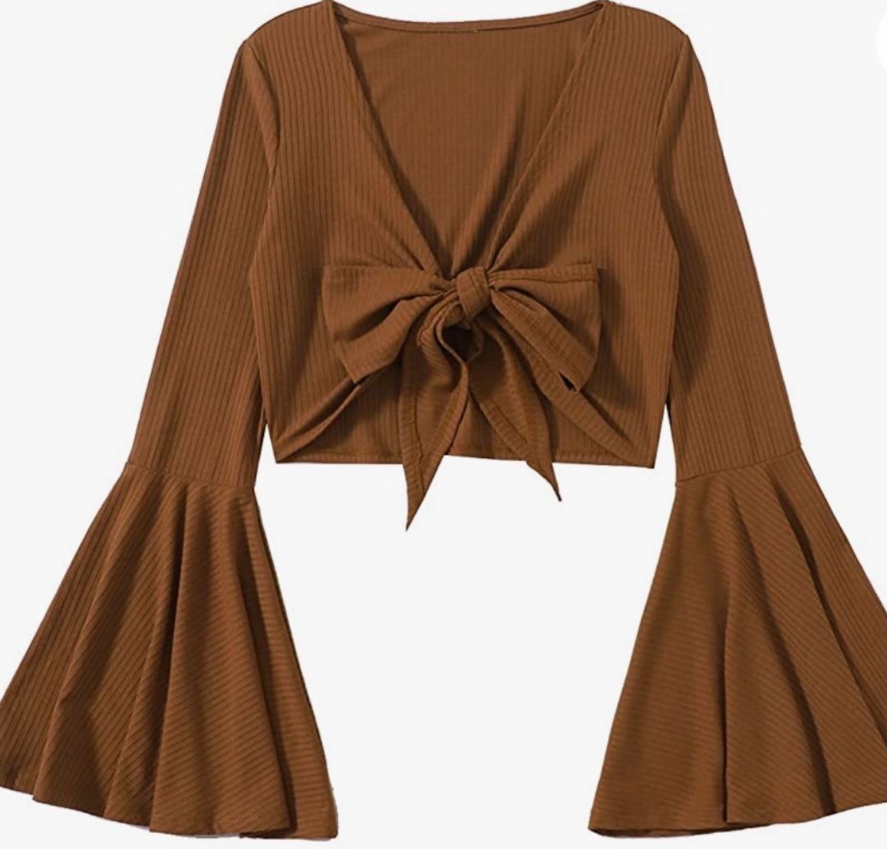 Brown ribbed crop top with bell sleeves and front tie knot detail, V-neckline, long sleeve boho style blouse.