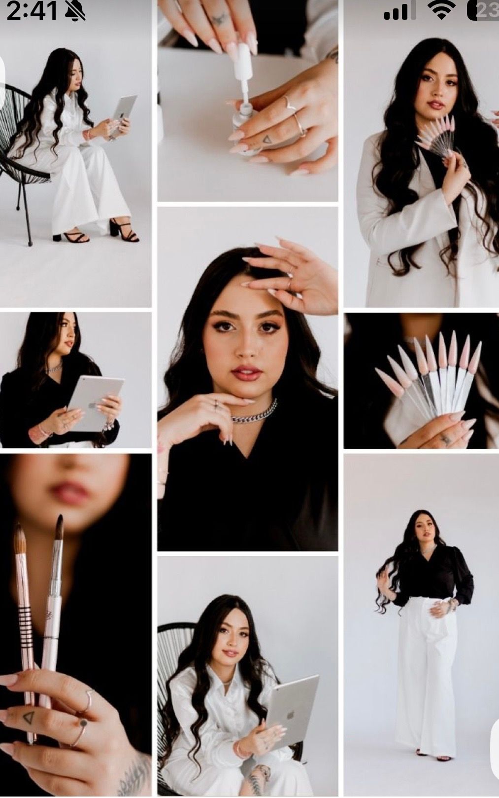 A collage of a woman with long black hair posing in black and white outfits, holding a tablet and displaying nail art.