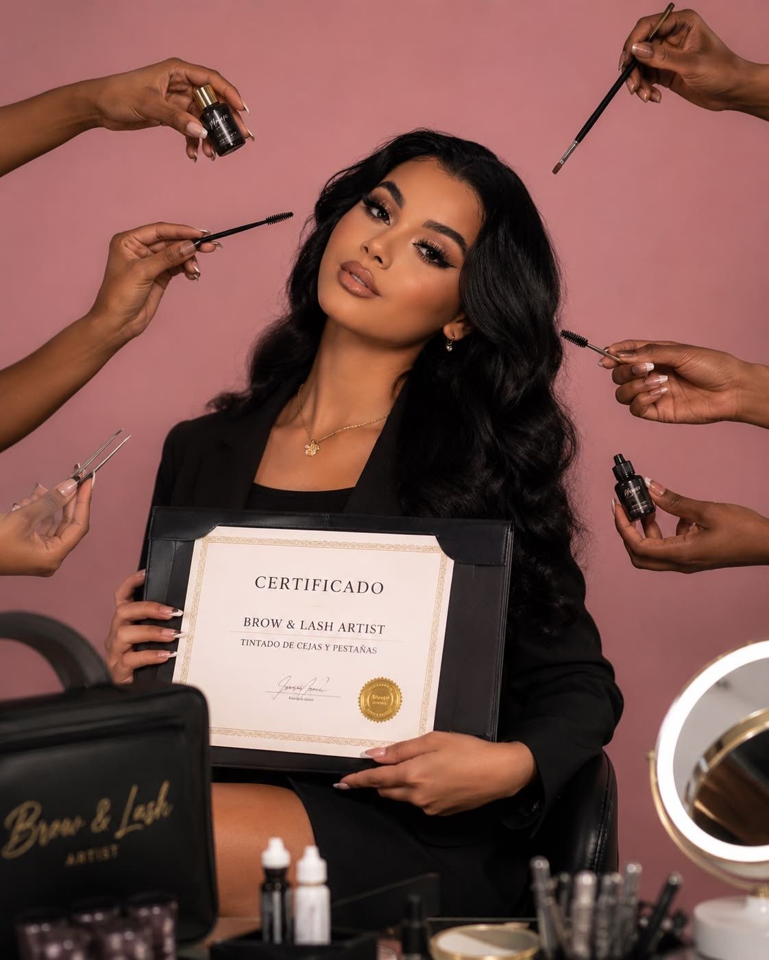 Woman holding Brow & Lash Artist certificate surrounded by hands holding makeup tools against pink background.