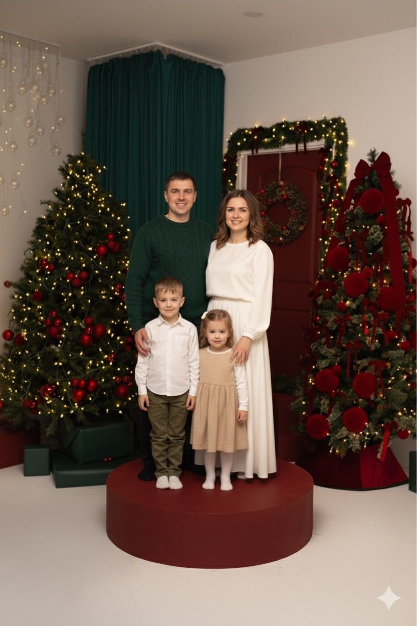 Family poses in front of multiple Christmas trees decorated with red poinsettias and lights in a studio setting.