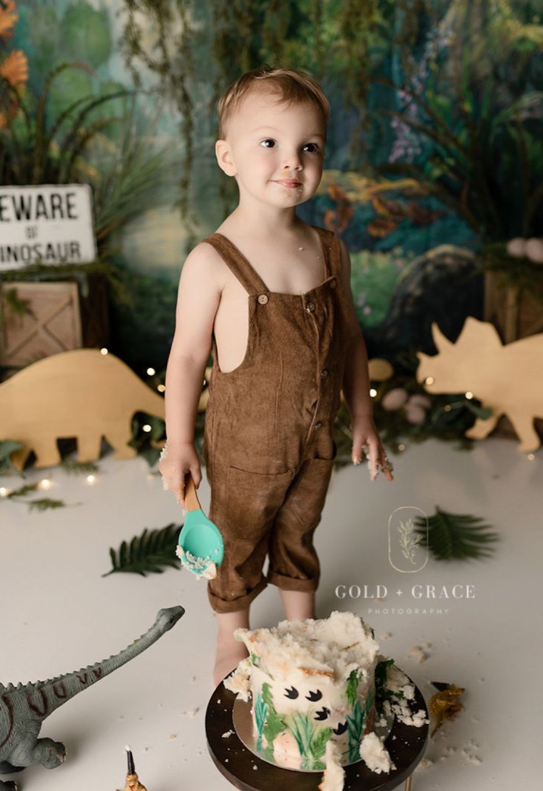 Small child in brown overalls stands by a dinosaur-themed cake with prehistoric decorations and 'Beware' sign in background.