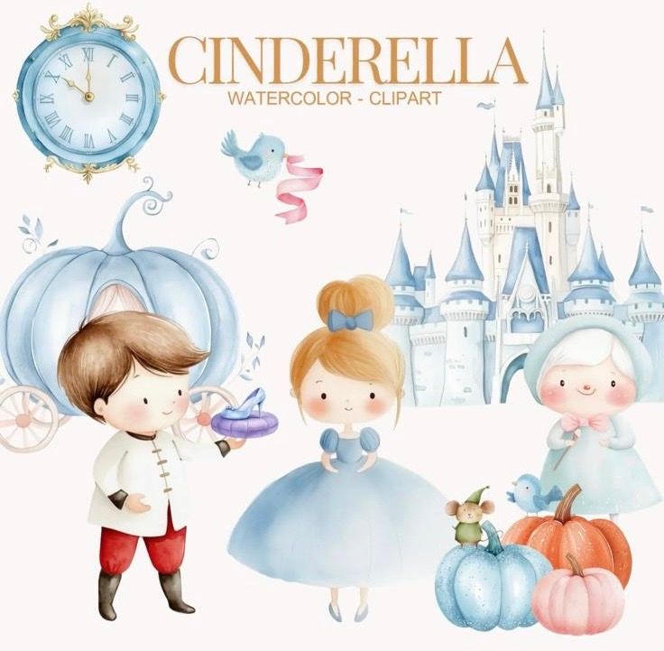 Watercolor Cinderella clipart set featuring the prince, princess, fairy godmother, castle, pumpkin carriage, and clock.