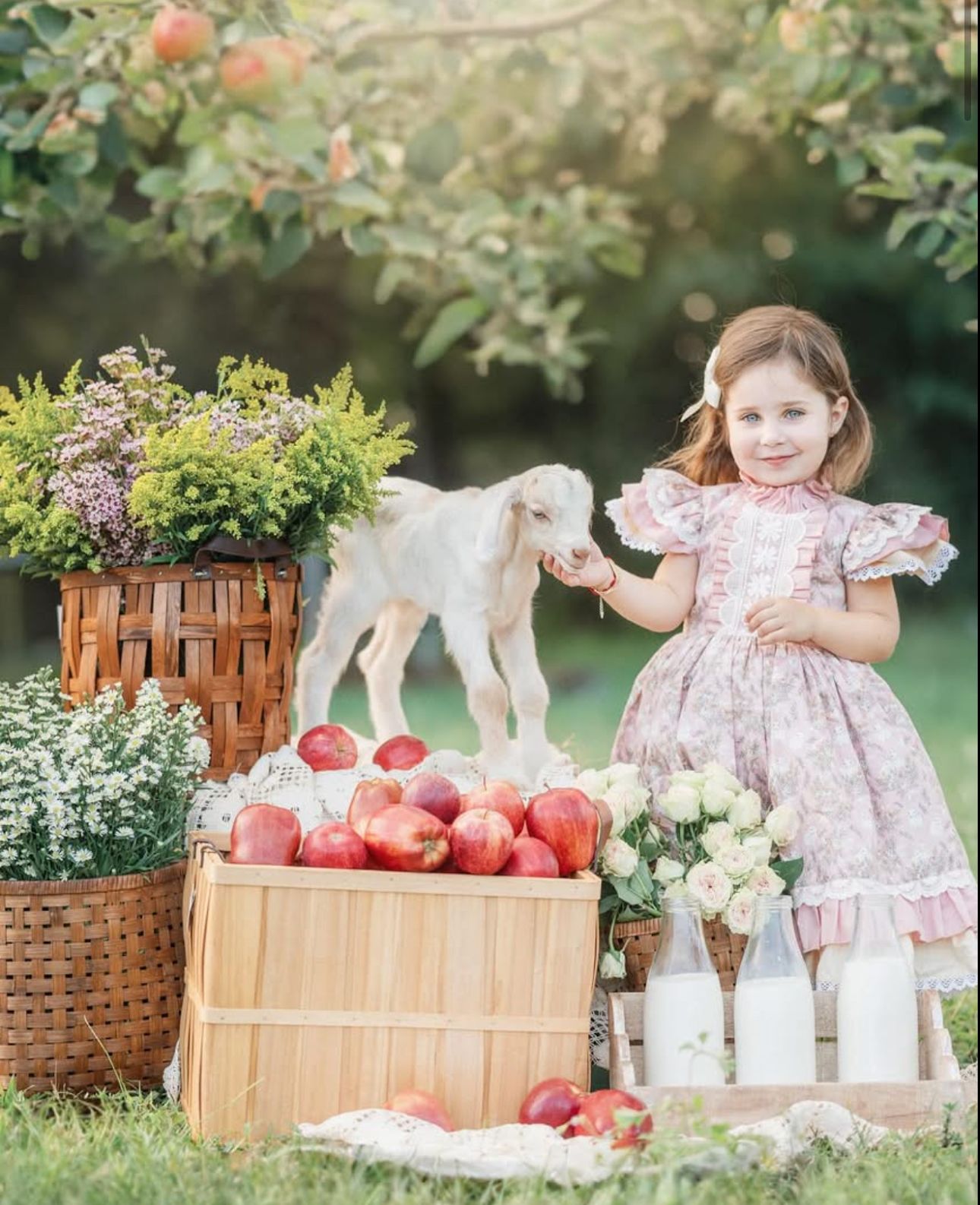 Young girl in pink floral dress feeding a baby goat beside a wooden crate of apples and milk bottles outdoors.