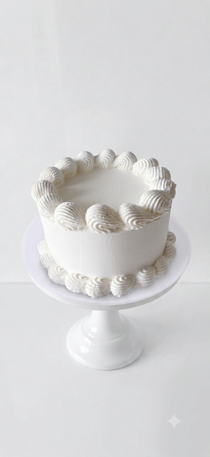 Elegant white single-tier cake with heart-shaped piped frosting decorations on a white pedestal cake stand.