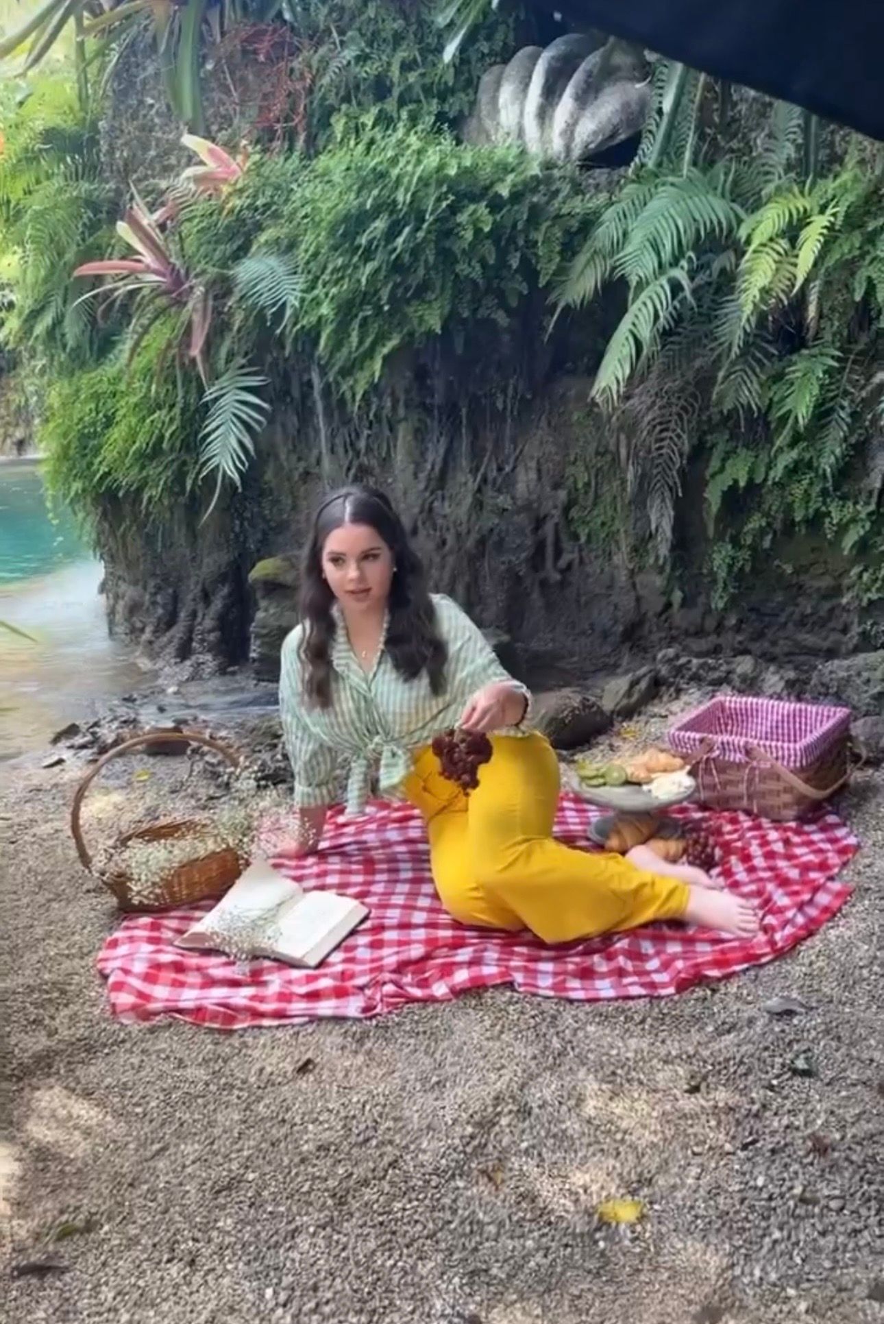 Woman in yellow pants sits on red checkered picnic blanket surrounded by tropical greenery and a blue river.