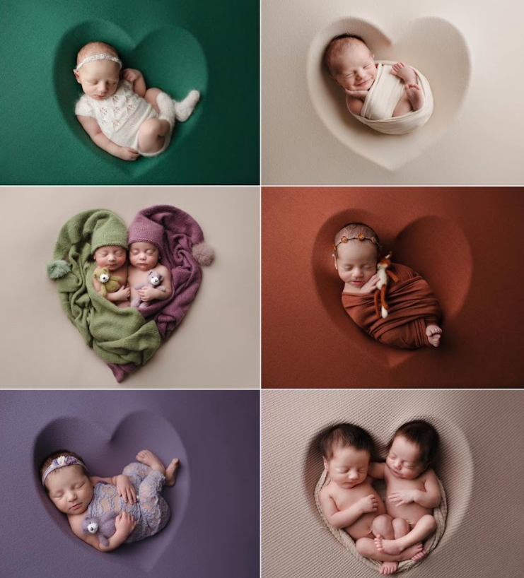 A collection of newborn photography portraits showing sleeping infants posed in bowls and on soft fabrics with muted colors.