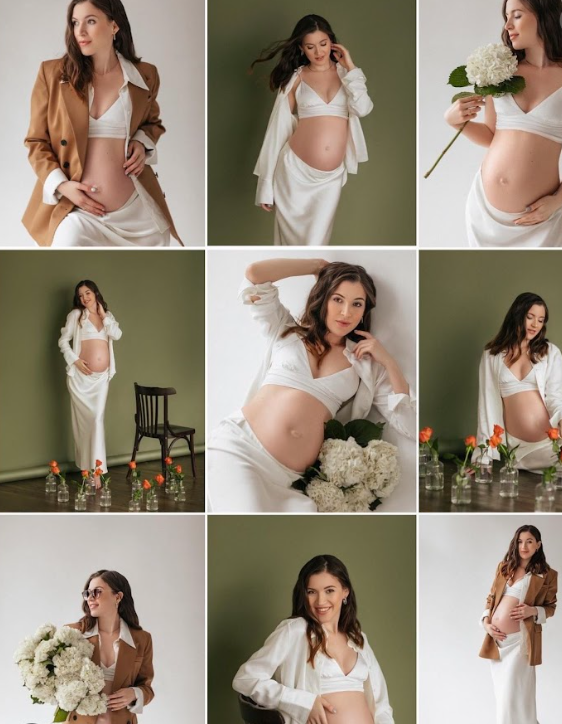 Artistic maternity photo series featuring white flowing fabrics and floral arrangements against a sage green backdrop.