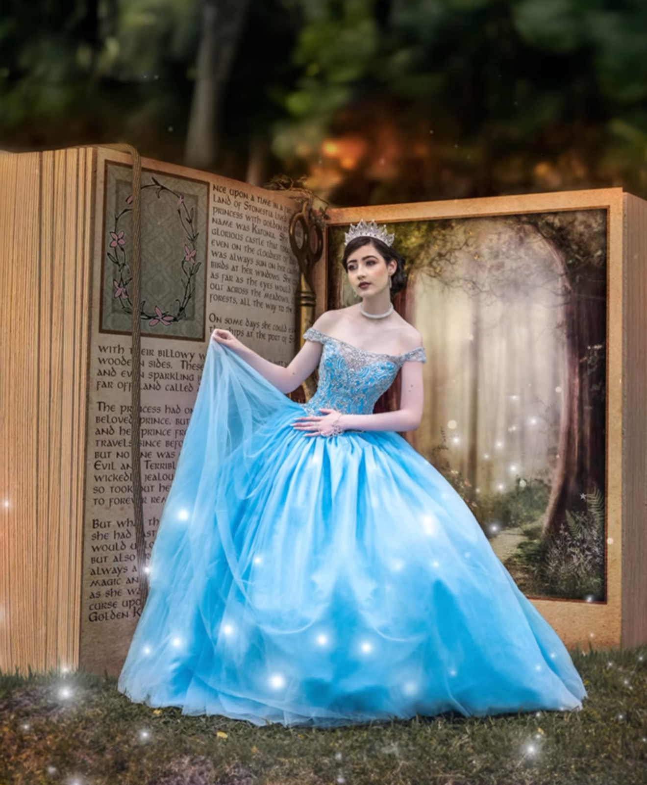 A young woman in a blue ball gown and tiara poses before a giant open book in an enchanted forest setting.