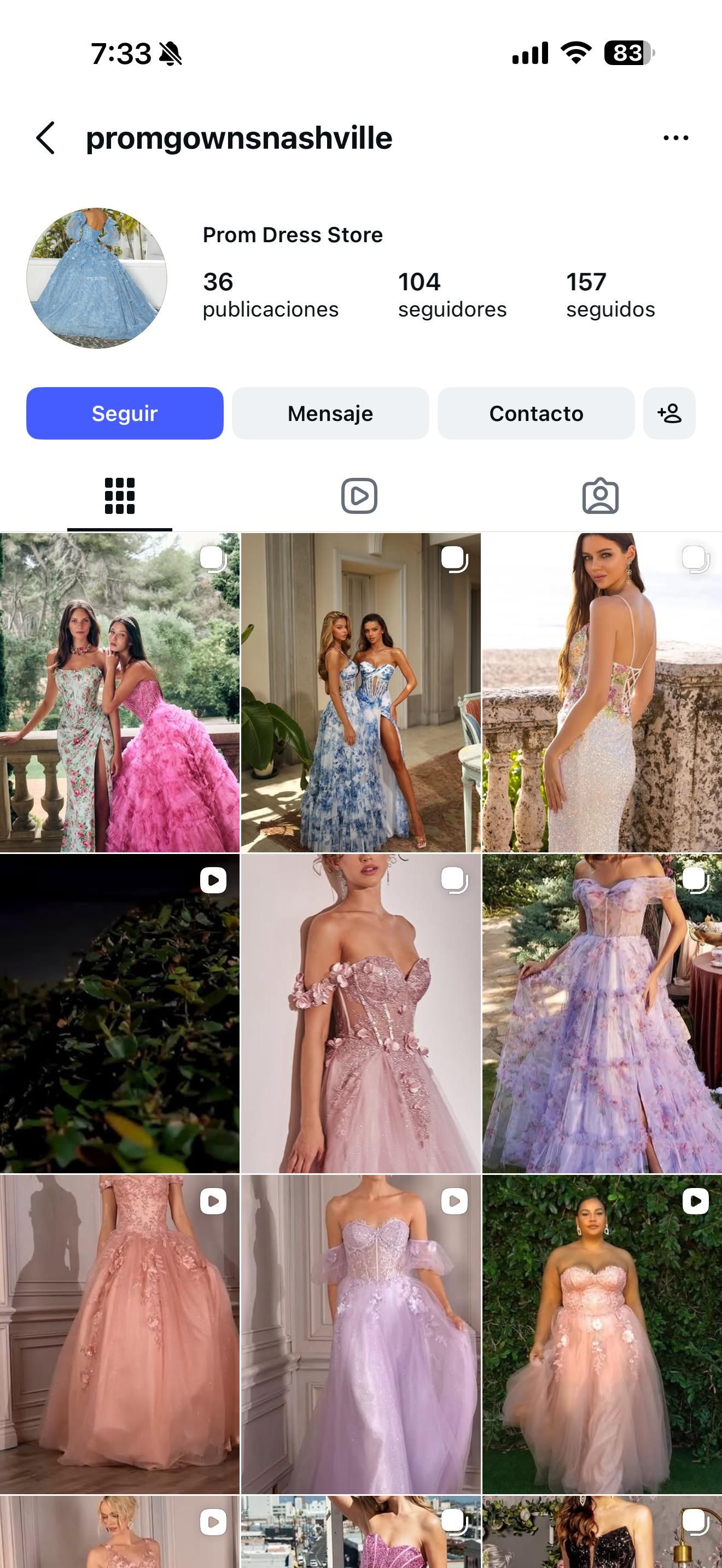 Instagram grid of prom gowns in pink, lavender, and floral tulle ball gowns displayed on the promgownsnashville profile page.
