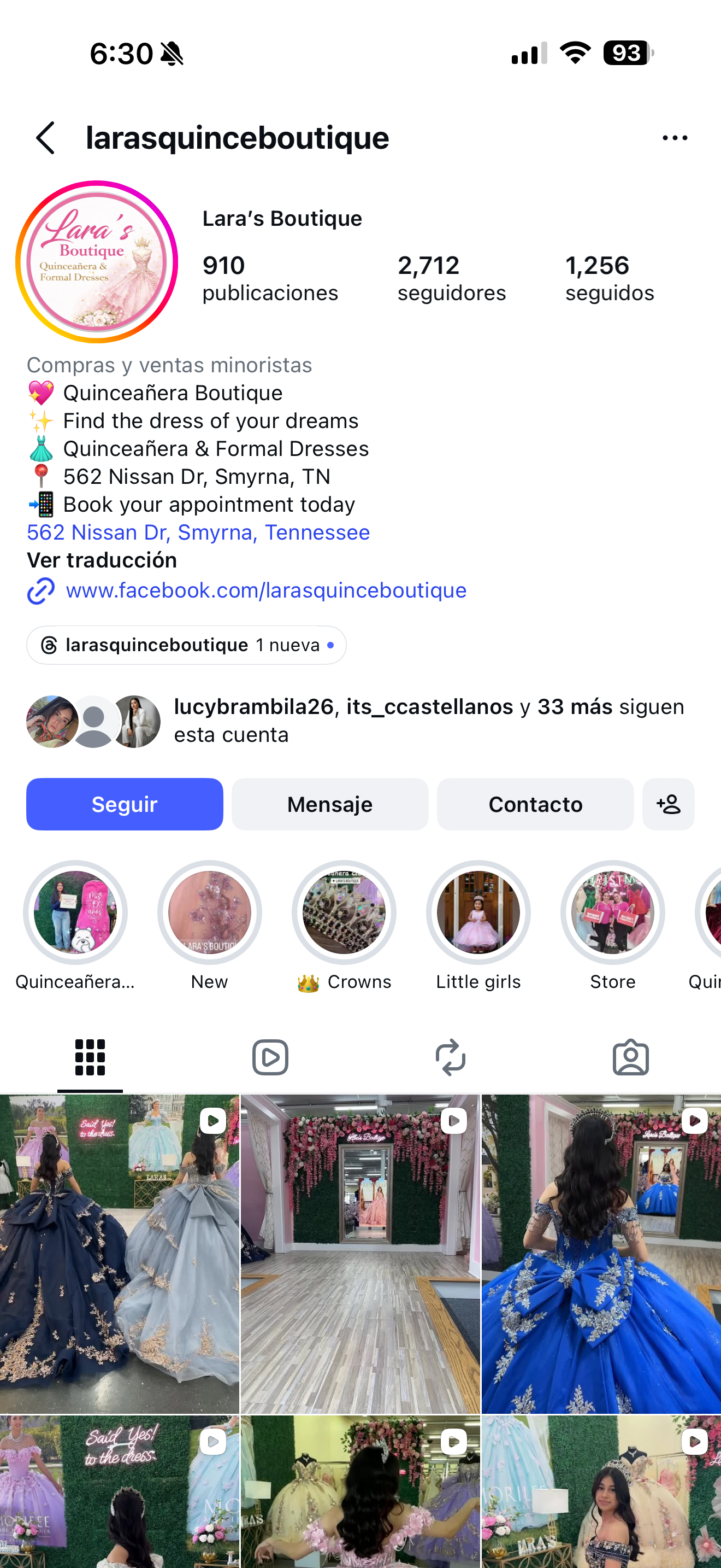 Instagram profile of Lara's Quinceañera Boutique in Smyrna, TN, showing 910 posts, 2712 followers, and formal dress photos.