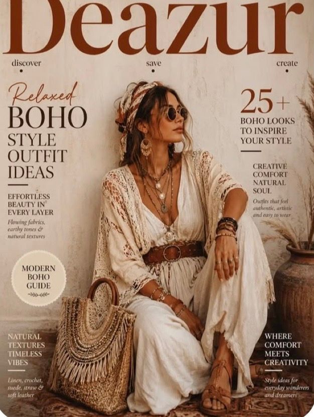 Deazur magazine cover featuring a woman in relaxed boho white outfit with accessories, straw bag, and headscarf.