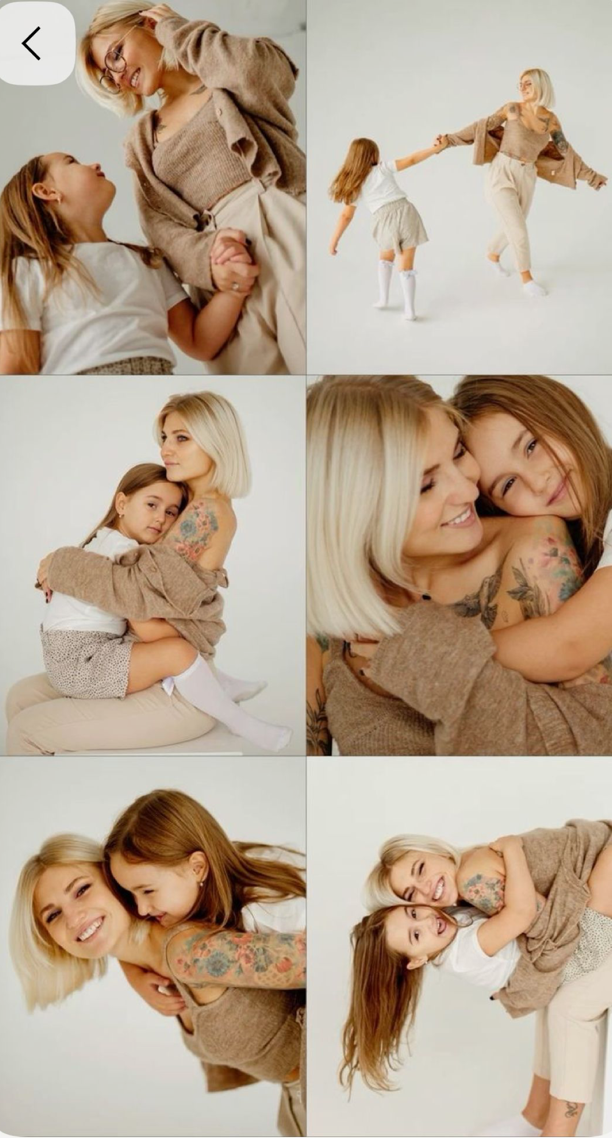 A mother and young daughter share playful and affectionate moments together in a warm, neutral-toned photo collage.