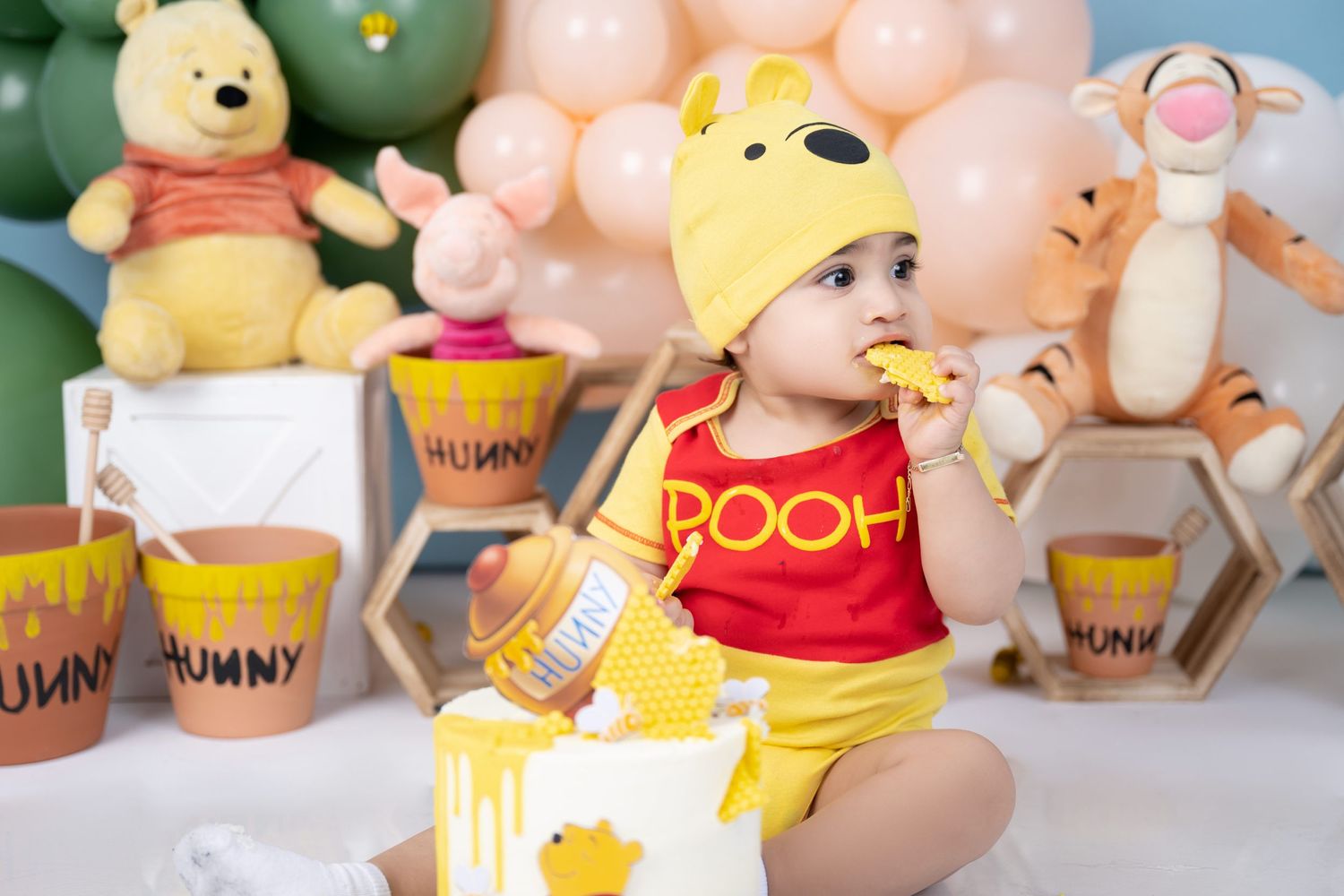 Adorable Winnie the Pooh themed photo setup with honey pots and plush characters for a celebration.