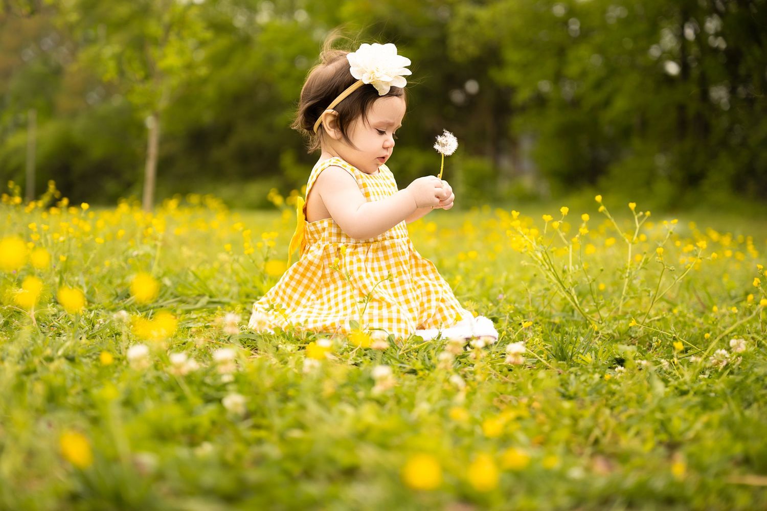 Young child in yellow gingham dress plays in field of wildflowers.