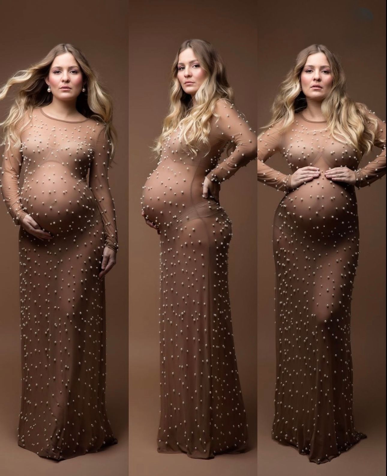 Pregnant woman in sheer brown beaded maxi maternity gown, shown in three poses for a studio photoshoot.