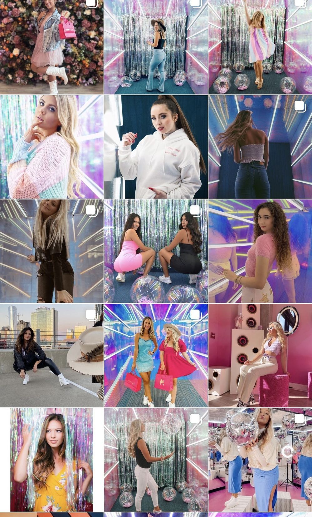 A collage of women posing in trendy pastel outfits against colorful backdrops with disco balls and shimmer curtains.
