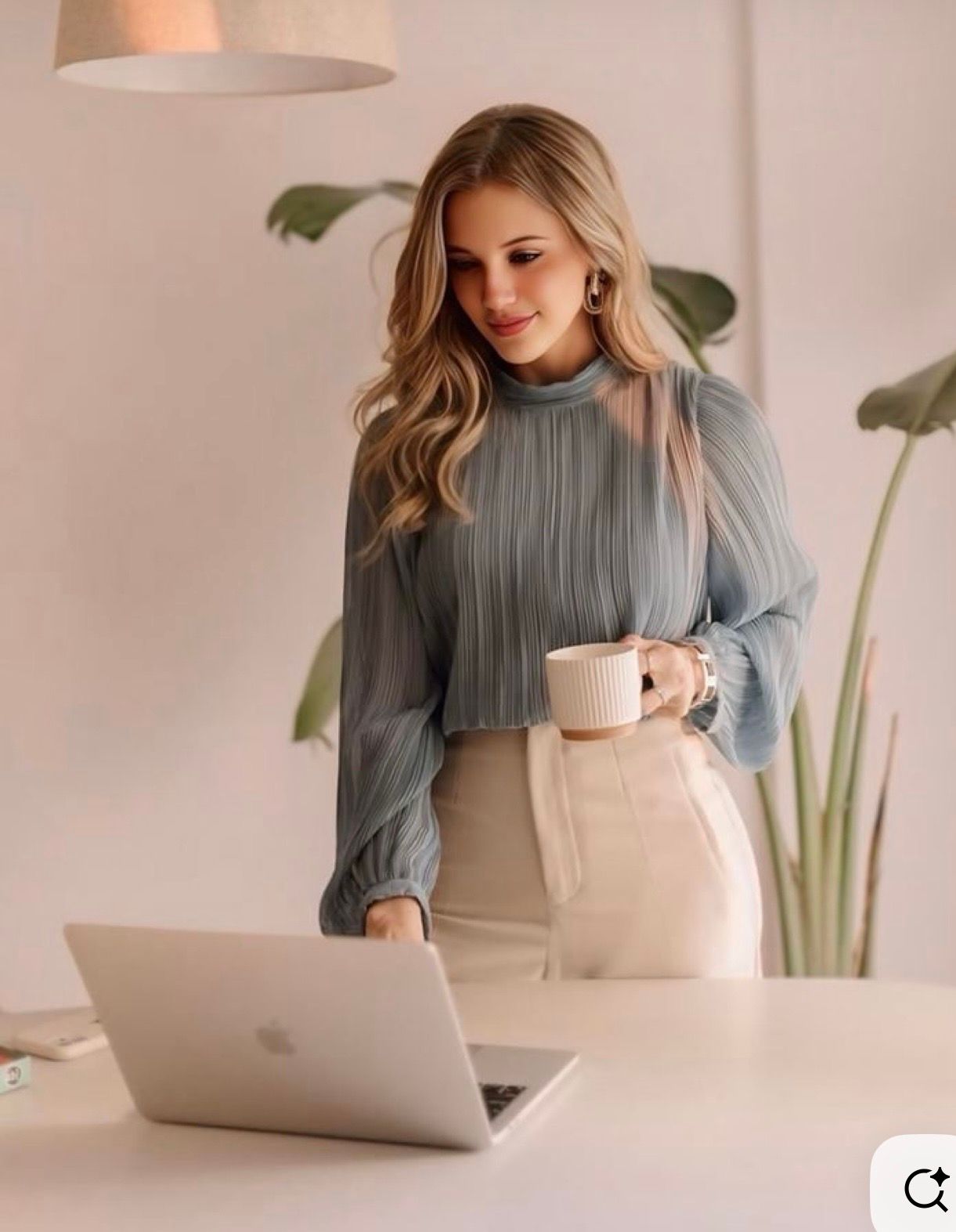 Professional woman in blue blouse holding coffee cup while working on MacBook laptop in bright modern office.
