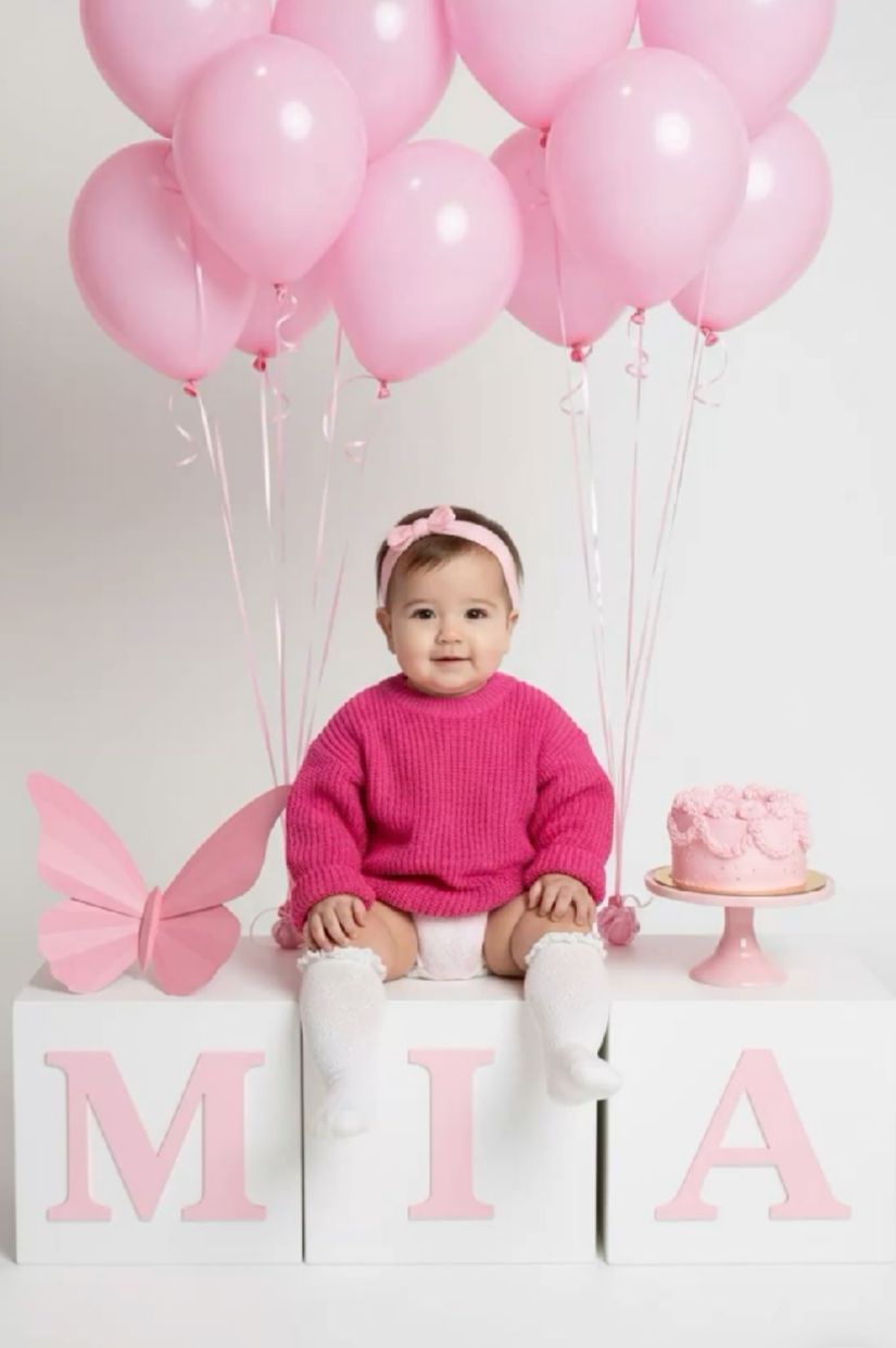 Pink birthday setup with balloons, butterfly decor, white blocks spelling MIA, and a pink cake on a pedestal.