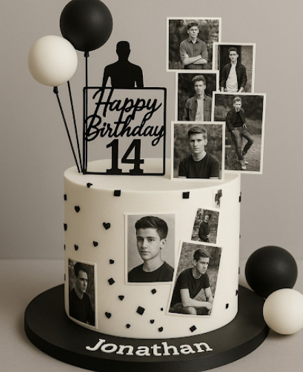 A white birthday cake decorated with black and white balloons, photos, and hearts features '14' on top.