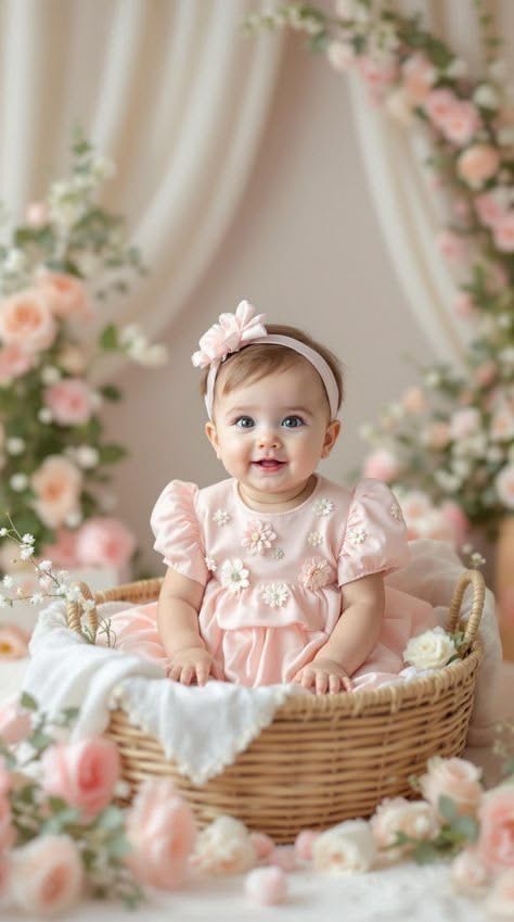Smiling baby girl in pink floral dress sitting in wicker basket surrounded by pink roses and soft floral backdrop.