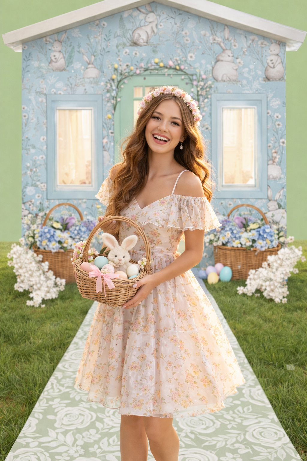 A spring-themed photo shoot featuring a floral dress and Easter basket against a pastel blue cottage backdrop.