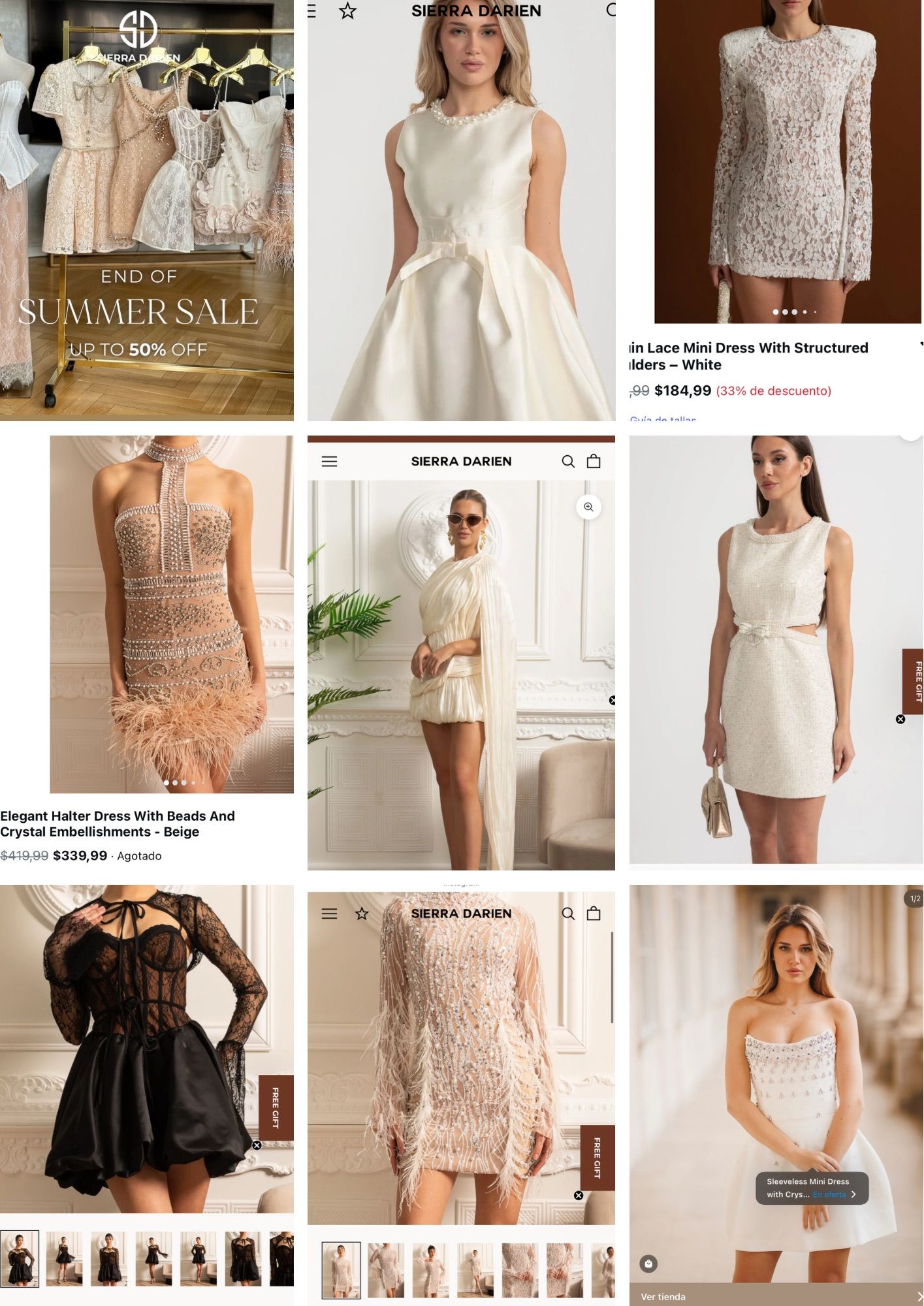 Elegant white lace mini dresses and formal wear displayed in a fashion mood board collage.