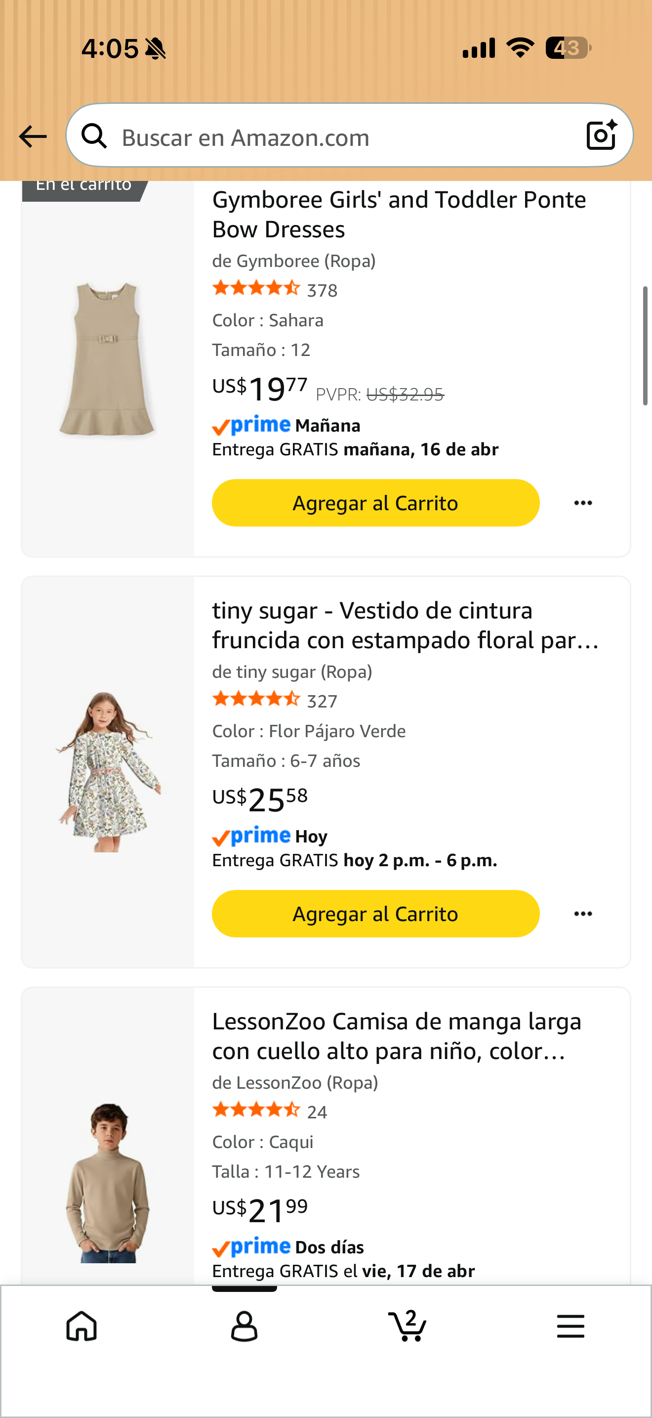 Amazon search results showing children clothing including dresses and a turtleneck sweater with prices ranging from $19.77 to $25.58.