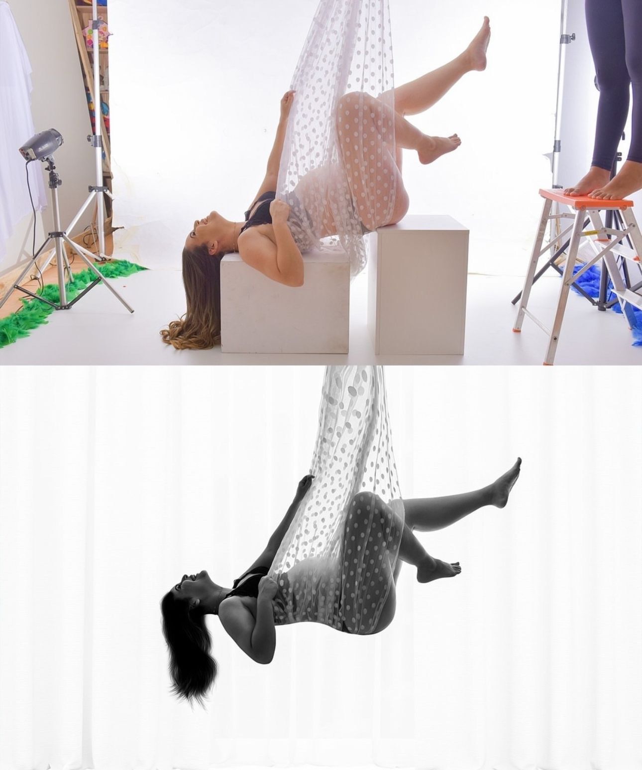 Woman performing aerial yoga pose suspended in mesh hammock in professional photo studio setting.