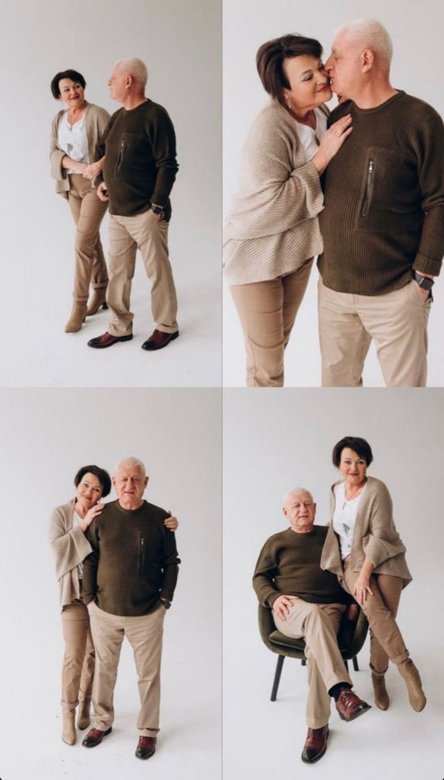 Elderly couple posing together in neutral tones, sharing affectionate moments in four romantic portrait photos.