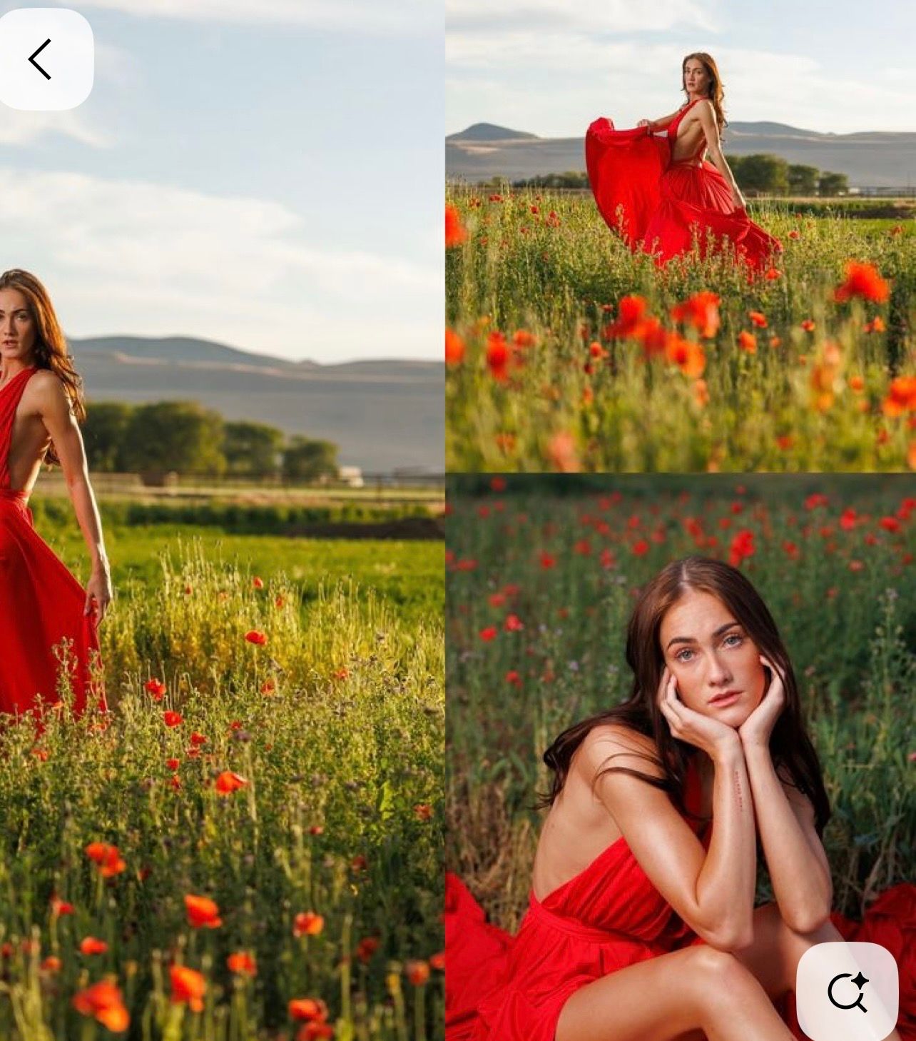 Young woman in flowing red dress poses gracefully in a vibrant poppy field with green hills in the background.
