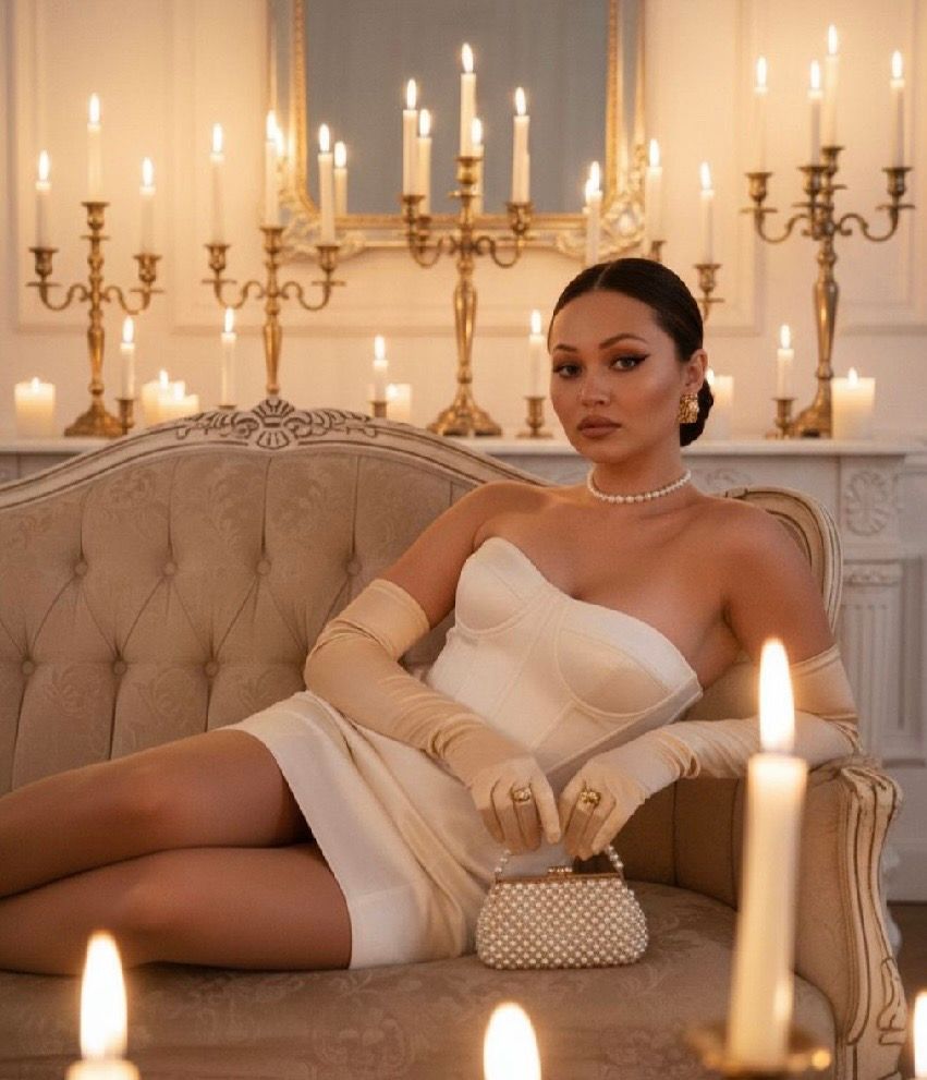 Elegant woman in white strapless mini dress with pearl necklace and gloves, seated on a sofa surrounded by candles.