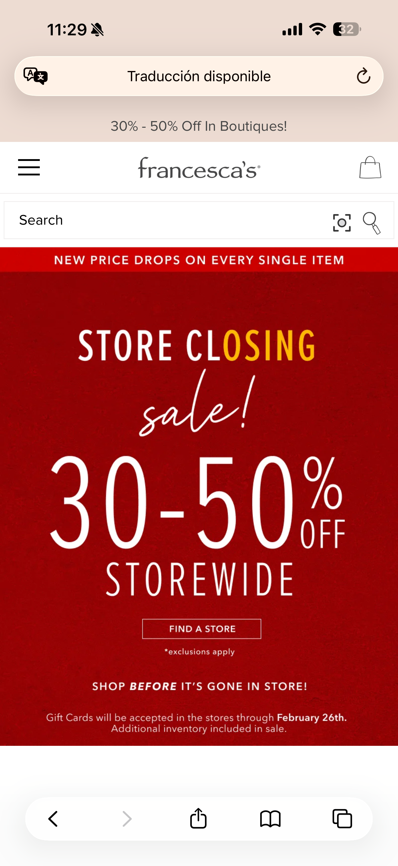 Francesca's store closing sale advertisement showing 30-50% off storewide on a red background with white text.