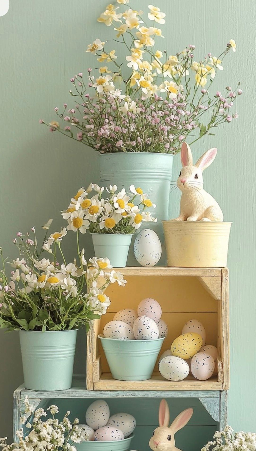 Easter decorative display with pastel pots of daffodils, ceramic bunnies, and speckled eggs arranged on wooden shelves.