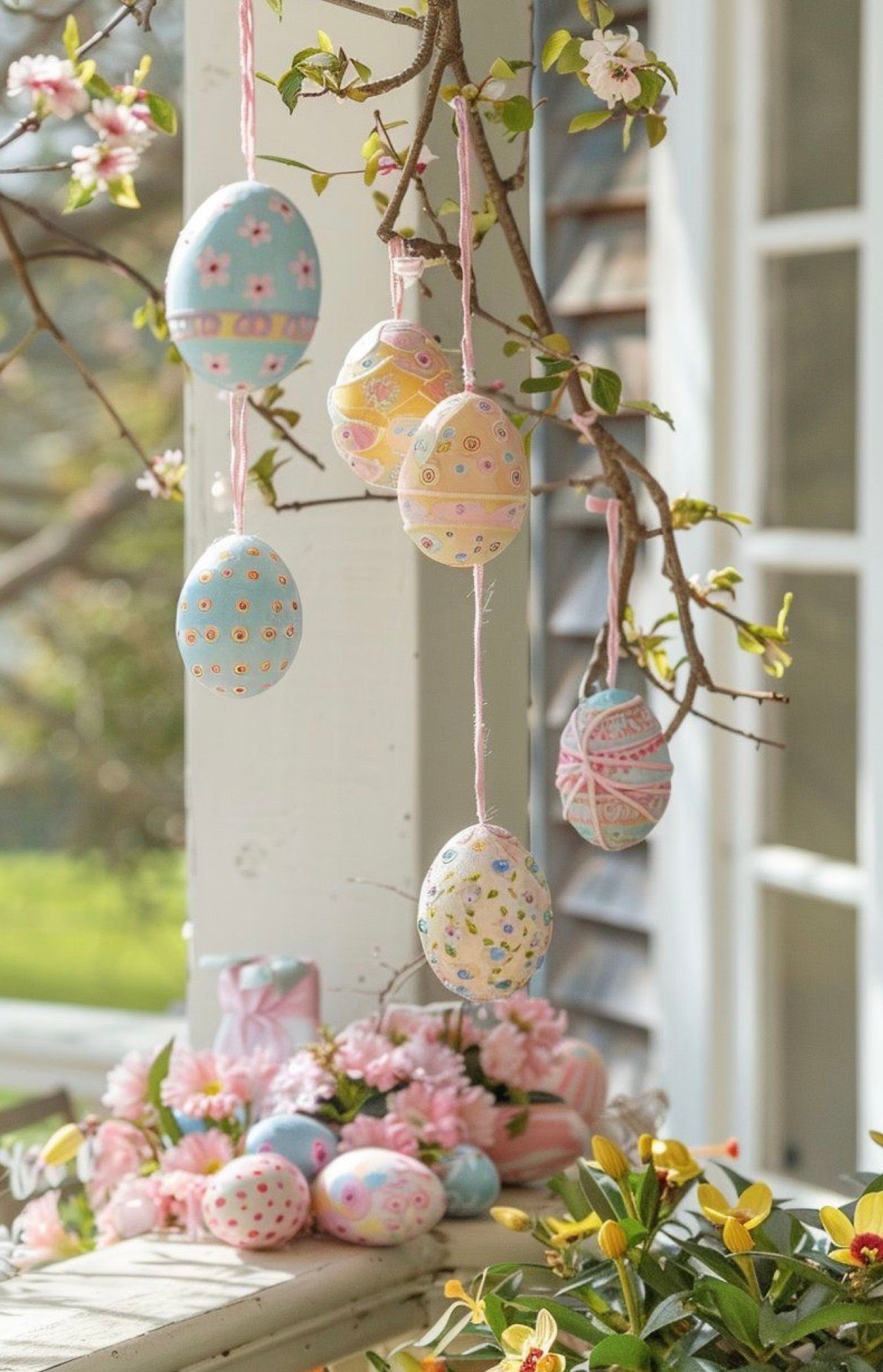 Pastel Easter eggs and spring flowers decorate a white porch railing with delicate pink blossoms and greenery.