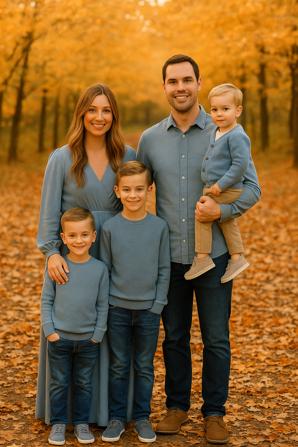 Family wearing coordinated blue outfits poses together on fallen autumn leaves in a park.