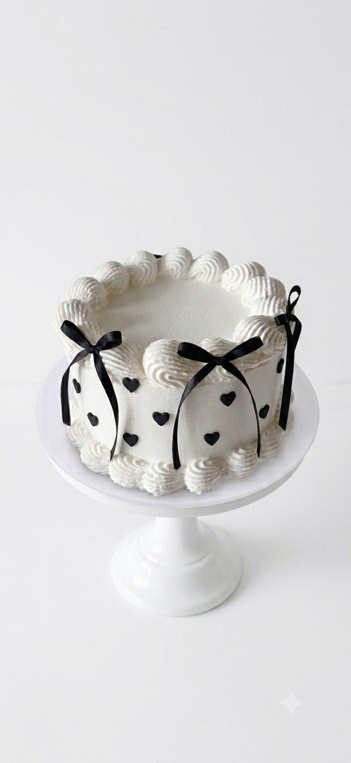 Elegant white cake with black heart decorations, ribbon bows, and swirled frosting borders on a white pedestal stand.