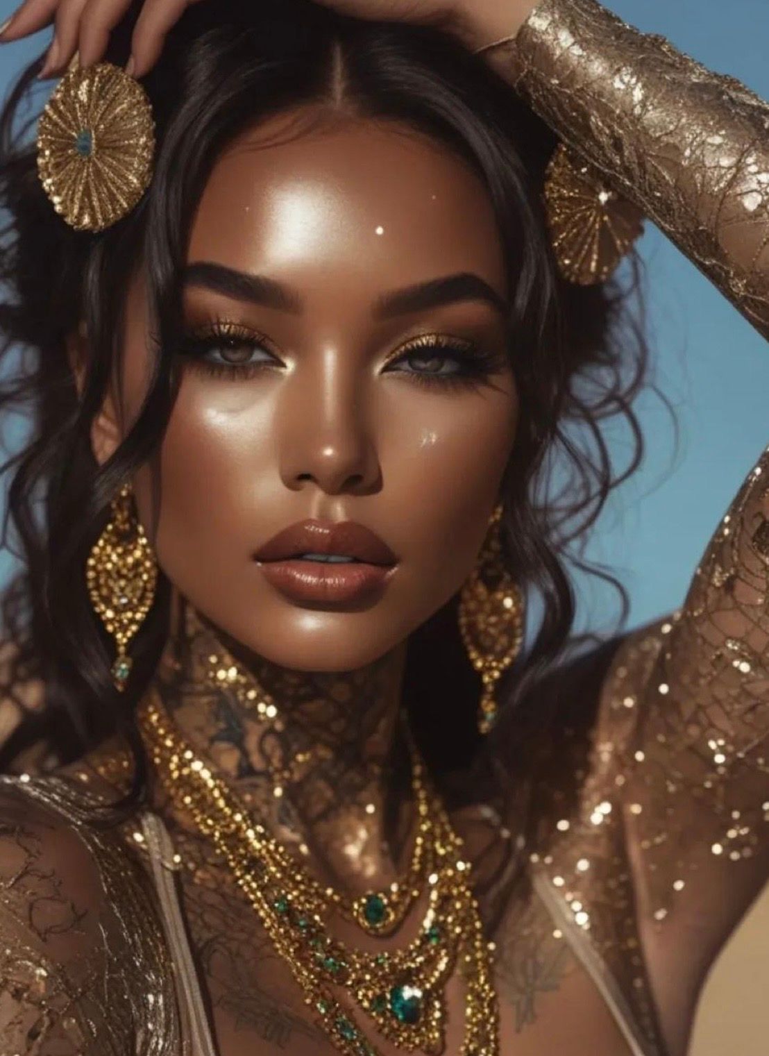 A stunning woman adorned in gold jewelry and glittering attire with emerald accents poses against a blue sky.